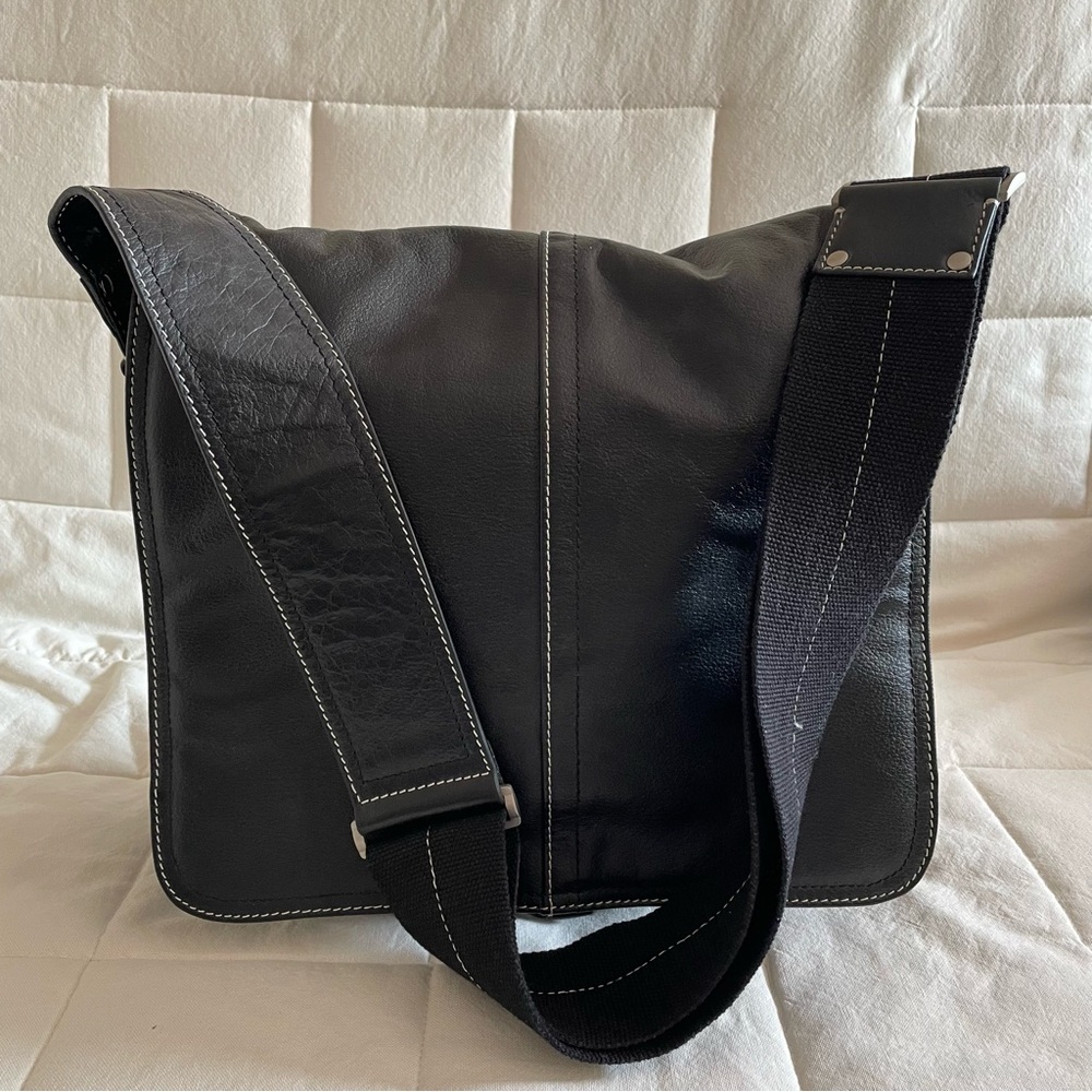 Leather Messenger Shoulder Bag Foldover Crossbody Black Bag with White Stitching